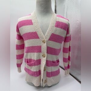 Women’s LOFT Pink & White striped Valentines Day V-Neck Pocket Sweater Sz XS